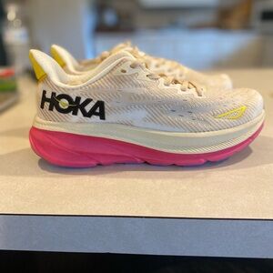 Hoka Cream and Pink Athletic Sneakers